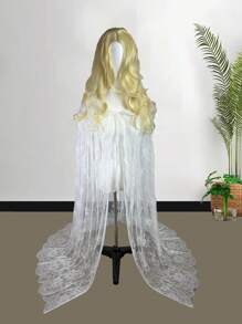 1pc Lace Hooded Cape Shawl, Black/White, For Wedding Bride, Holiday/Party Dress-Up