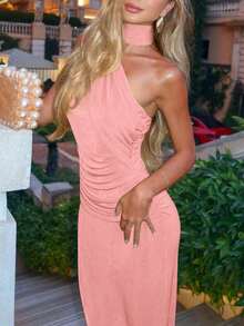 Women's Solid Color Ruched Bodycon Dress, Halter Neck - Pink - View 6