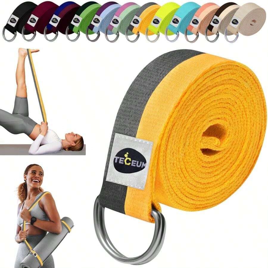 TECEUM Yoga Strap &Amp; Mat Strap – 2 IN 1 – Cotton – 6 Ft 8 Ft 10 Ft (30+ Colors) – Adjustable Non-Slip Belt For Yoga, Pilates, Stretching, Physiotherapy, Fitness &Amp; Home Workout – For Carrying Mats - Yellow Gray - View 1