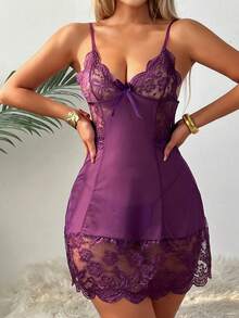 2pcs Women's Sexy Lace Mesh Lingerie Sleepwear Nightgown Set, For Daily Robe, Seducing Partner - 紫色 - 查看 1