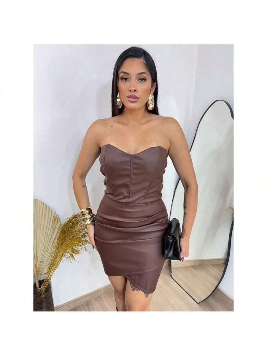 Women's Leather Corcelet Dress - Rust Brown - View 1