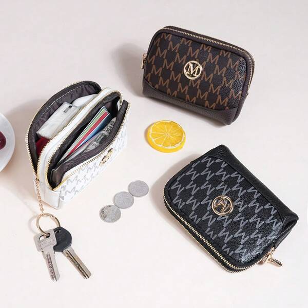Fashion Textured PU Letter Print Multi-Function Dual Zipper Opening Portable Mini Keychain Coin Purse For Women Money Wallet Mini Wallet Purse Wallet Wallet Keychain Card Wallet