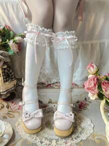 1 par de medias altas hasta la rodilla con lazo de cinta largo y adorno de encaje, estilo japonés Lolita para mujeres