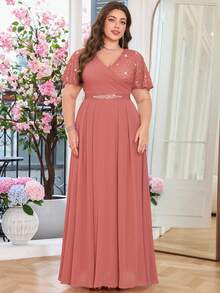 Butterfly Sleeve V-Neck Floral Lace Patchwork Chiffon Diamond Belt Long Evening Dress, Suitable For Wedding Guests, Valentine's Day, Summer, Birthday, Graduation, Back To School And Other Occasions - Dusty Pink - View 7