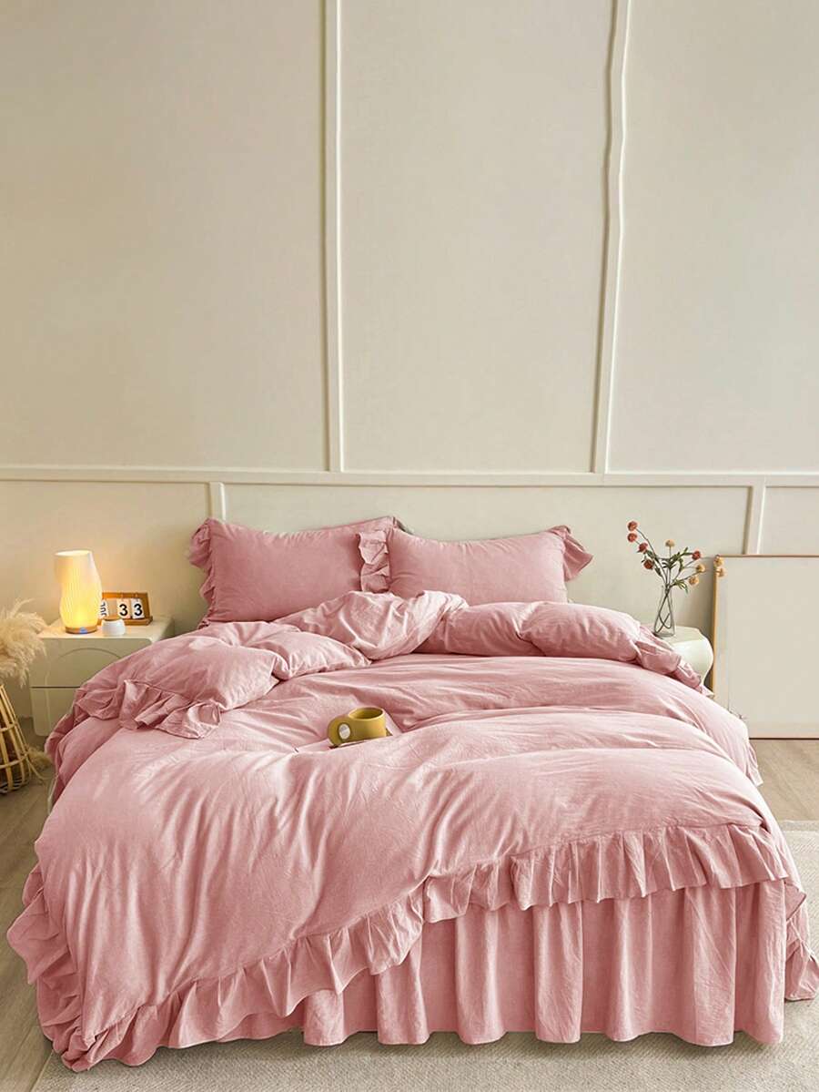 3 pièces Ensemble de literie rose crème fripé doux brossé, convient pour la chambre à coucher, la chambre d'amis, toutes les saisons, lavage en machine