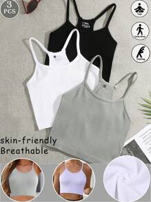 3pcs Seamless Camisole Yoga Crop Tops, Criss-Cross Back Sports Bras, Casual Solid Color Sleeveless Cami Vests, Comfortable Knit Fabric