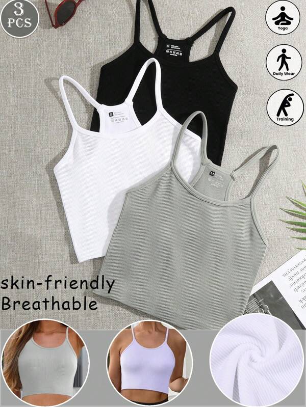 3pcs Seamless Camisole Yoga Crop Tops, Criss-Cross Back Sports Bras, Casual Solid Color Sleeveless Cami Vests, Comfortable Knit Fabric