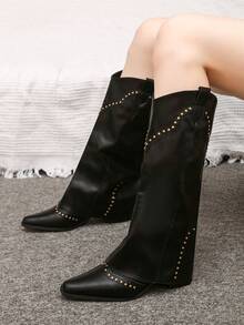 Botas de moda para mujeres, botas de montar de tacón ancho negro, puntera cuadrada, con remaches vintage, de caña alta, botas vaqueras versátiles francesas para mujer de estatura baja