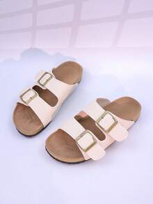 1 Pair Unisex Teenagers/Couples Metal Buckle Comfortable Flat Open Toe Sandals, Fashionable For Daily Wear - Beige - View 1