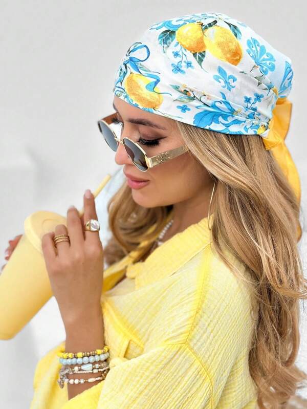 1pc Lemon Printed Bandana Silk Scarf For Decoration, Gift Wrapping, Headband