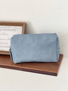 Japandi Style Solid Color Makeup Bag, Large Capacity, Soft Fabric, Zipper Closure, Minimalist Retro Cosmetic Bag For Home, Travel, Outdoor Use, Women