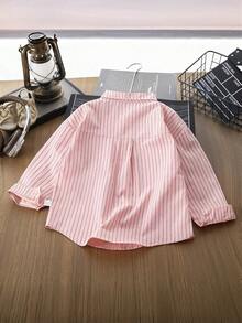 Young Boy Delicate Embroidery + Fresh Striped! Casual Spring & Autumn Polo Shirt, Suitable For Daily Outings And School, Simple Yet Chic - Pink - View 2