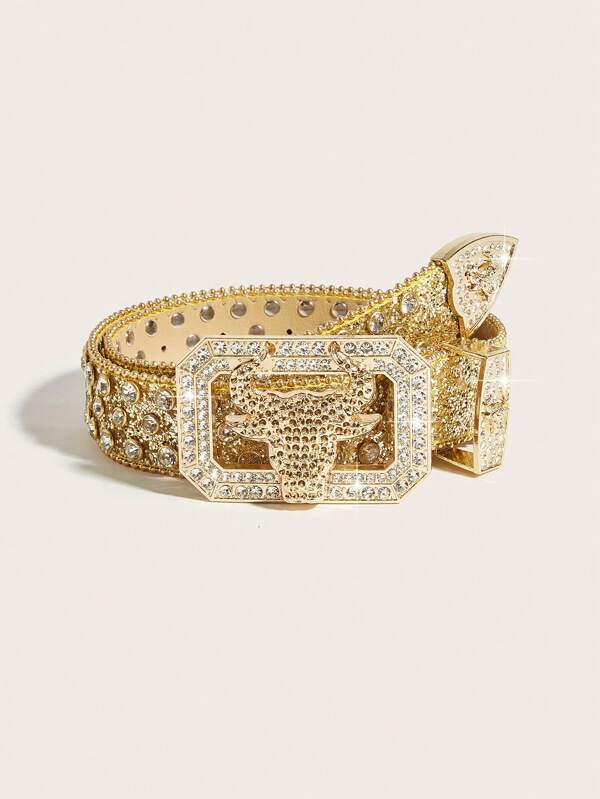 1pc Women's Western Cowgirl Bull Head Rhinestone Buckle Retro Y2K Waist Belt, Suitable For Everyday, Party And Gathering
