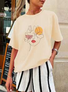 T-shirt da donna con grafica volto femminile in stile lineare, taglie comode, casual e adatta all'uso quotidiano