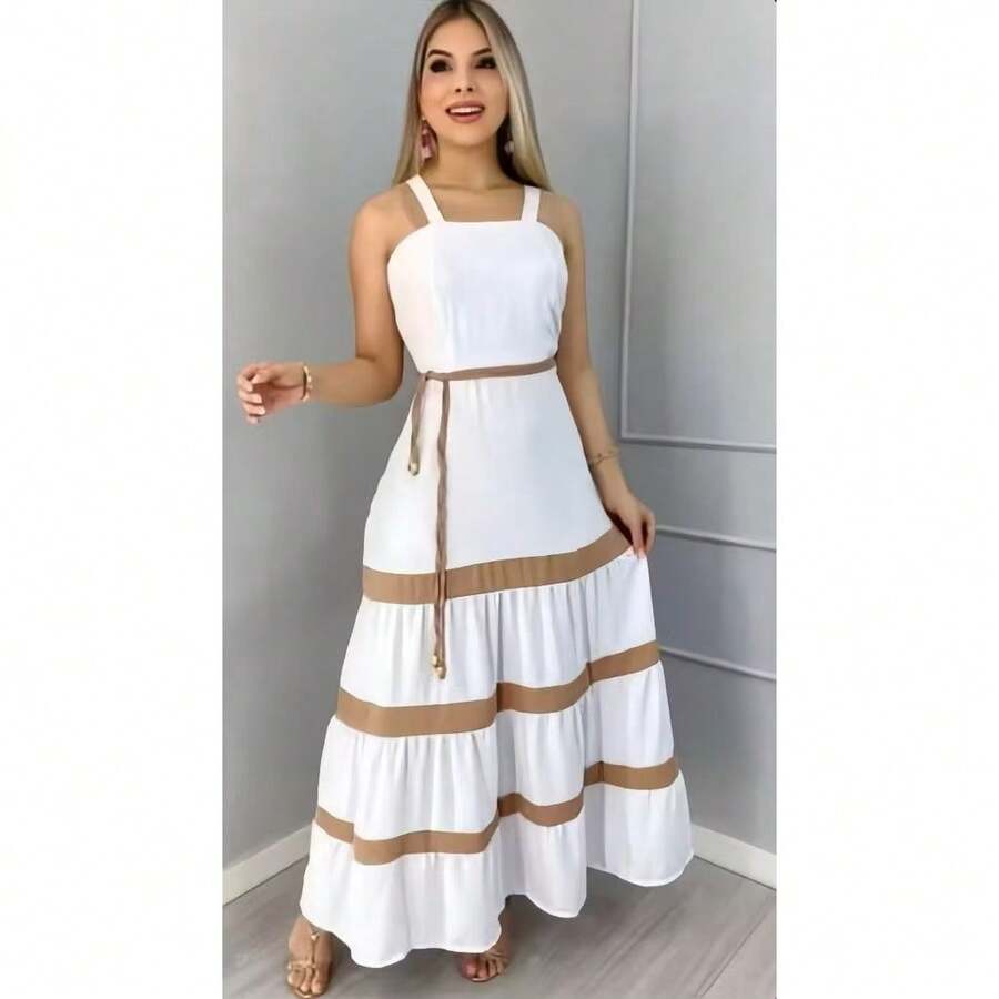 Women's Long Plain Two-Tone Dress With Casual Duna Fabric Lining H-11 - White - View 1