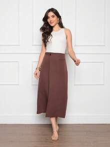 Women's Midi Skirt Side Detail Fake Zipper Pocket Back Simple Elegant Casual Zipper Pocket Button Office - Marrom - Xem 5