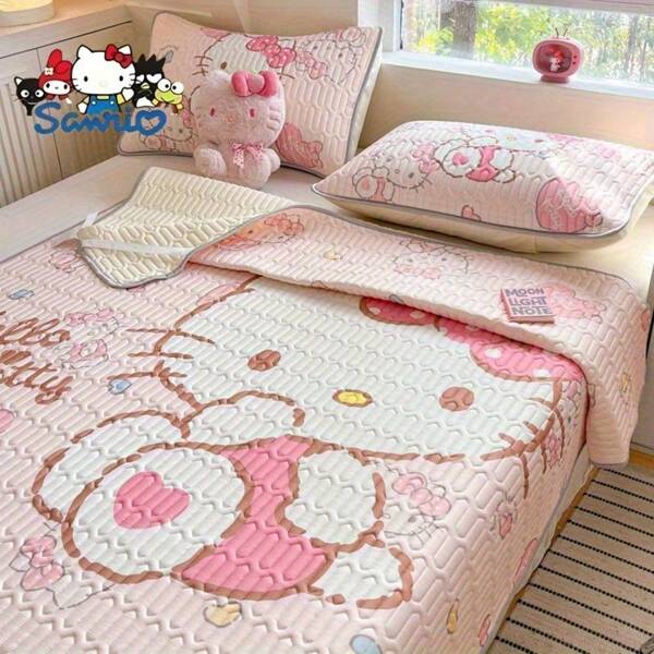 Sanrio 1set Sanrio Hello Kitty Cartoon Print Cooling Mat - Soft, Breathable Latex, Foldable & Portable Summer Bedding For Bedroom, Guest Room, Apartment, Hostel - Machine Washable Polyester Mat With Cute Kitty Design, Breathable Mat | Cartoon Print Mat