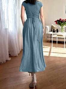 Glamful Elegant Commute Casual Basic Elegant Solid Color Knit Fabric Drawstring Summer Dress - Dusty Blue - View 5