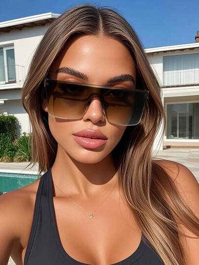 一副棕色盾形无框太阳镜，适合户外活动、运动、旅行、节日、海滩、音乐节、度假、驾驶、郊游、夏季配饰、家庭旅行、优雅装扮、高尔夫、徒步旅行、街头风格配饰、派对、节日、街头风格、钓鱼、运动、度假、户外活动