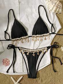Women's Solid Color Beach Vacation Textured Fabric Shell Strap Triangle Cup Bikini Set - Black - View 2