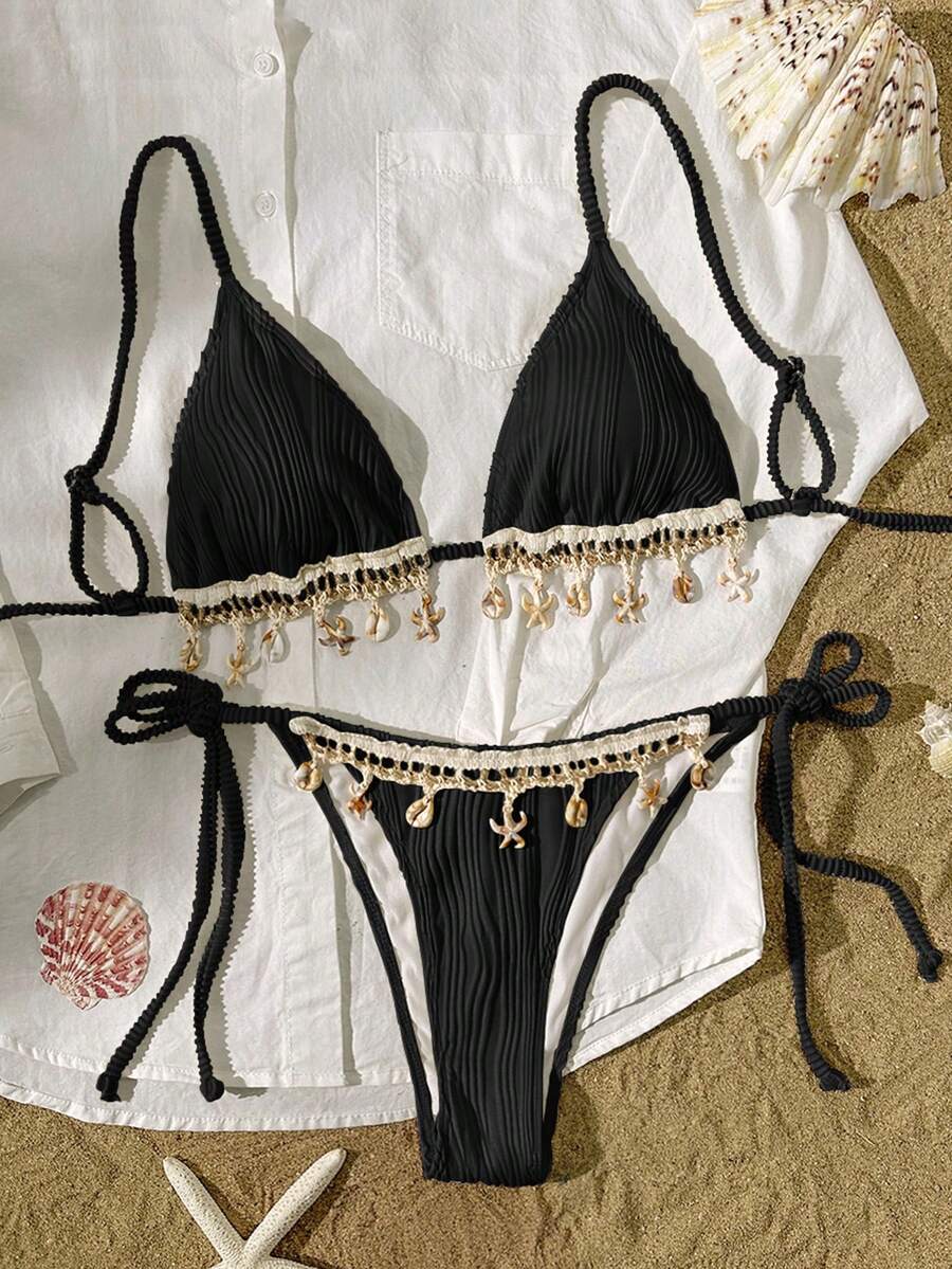 Women's Solid Color Beach Vacation Textured Fabric Shell Strap Triangle Cup Bikini Set