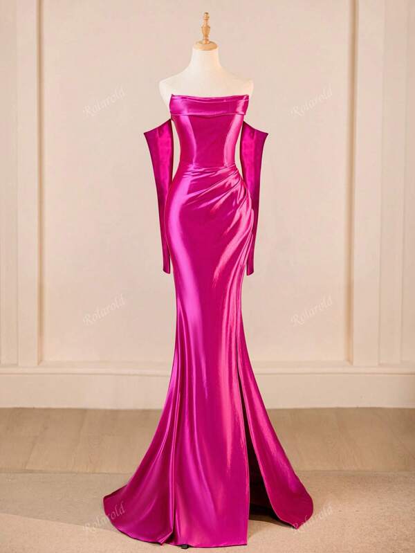 Glamorous Off-Shoulder Short Sleeve Satin Prom Dress, Split Thigh Elegant Formal Evening Gown, Party Dress, For Wedding Guest