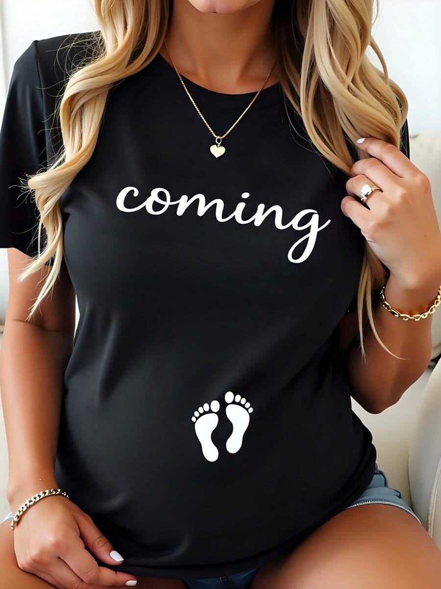 Camiseta de algodón negra de manga corta con cuello redondo y estampado de pies de bebé, 180 g, para revelar el embarazo, para futuras madres, para anunciar la maternidad, cómoda, transpirable, informal, a la moda, para Halloween, Acción de Gracias, tallas grandes para mujer. - Negro - Ver 1