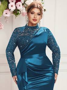 Robe de soirée de bal de promo, robe de mariée, robe de Saint-Valentin, robe de bal de promo, pour festival, remise des diplômes, dîner, avec volants en satin, dentelle à fleurs pailletée et ourlet fendu