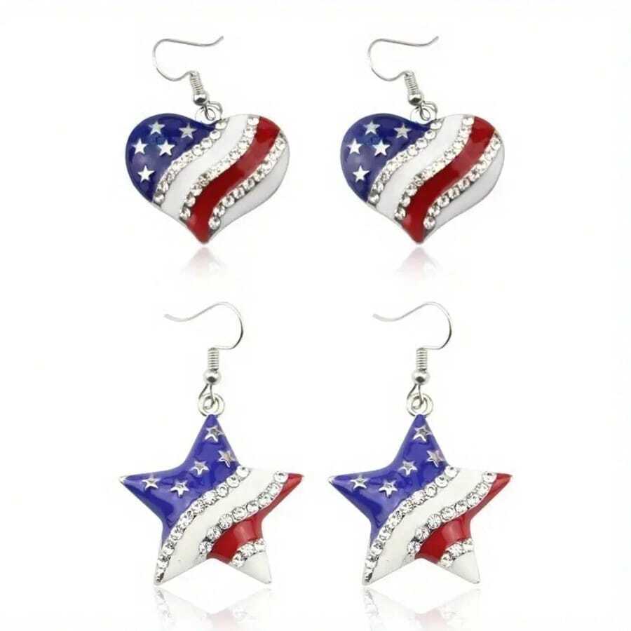 2 Pairs Of American Independence Day Earrings, July 4th Earrings, Patriotic Style Earrings With Stars And Heart Patterns, Party Gift - Hai cặp - Xem 1
