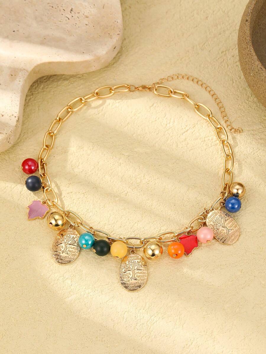 1 件女式波西米亚风格串珠合金椭圆形标签树形图案项链