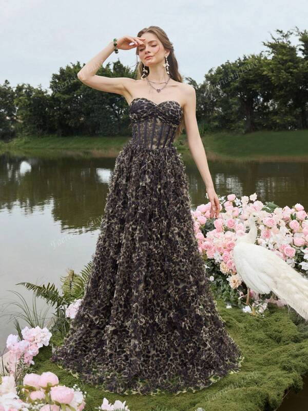 Faeriesty Luxe Elegant Leopard Print Evening Gown With Crisscross Back Tie - Multi-Layer Tulle Skirt, Pleated Ruffle Details & Sheer Chiffon Overlay For Galas, Wedding Banquets & Red Carpet Glam