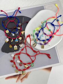 1件波西米亚风创意时尚优雅奢华铜镶嵌合成锆石地球、瓢虫、草莓、蜜蜂、邪眼编织手链，适合女性、姐妹、情侣、毕业礼物、日常佩戴、派对、节日、度假，尺寸可调节 - 彩色的 - 查看 2