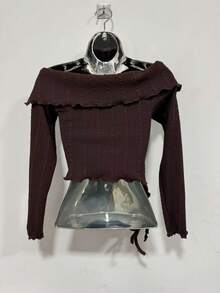 Women's Long Sleeve Off-The-Shoulder Blouse, One Size - 巧克力棕 - 查看 2
