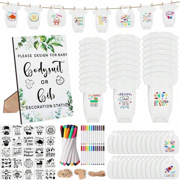 201 Pcs Baby Shower Set Baby Shower Game Sign Baby Bib Bodysuit White Baby Bib Newborn Bodysuit Baby Shower White Decorating Kit(Green)