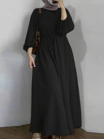 Women's Casual Long A-Line Dress, Drawstring Long Sleeve, Round Neck, Woven Fabric