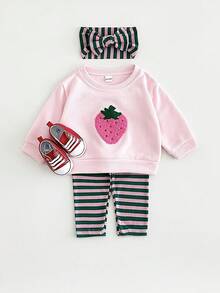 3pcs/Set Baby Girl Clothes, Includes Pink Strawberry Embroidered Sweatshirt, Striped Stretch Pants And Headband, Suitable For Spring And Autumn - Pink - View 2