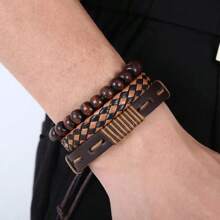 12pcs Multi-Color Men's Beaded Leather Bracelet, Retro Artificial PU Wood Bead Stone Handmade Beaded Elastic Cord Bracelet For Men, Birthday Gift, Daily Outfit, Christmas Gift
