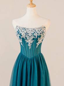 露肩蕾丝贴花礼服，网眼晚礼服，适合毕业典礼、晚宴、派对礼服、婚礼宾客 - 藍色 - 查看 4