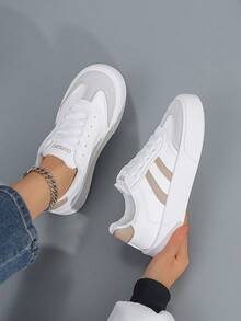 女士 2025 年春夏休闲运动鞋 - 轻质 PU 外层低帮鞋，透气面料衬里，柔软橡胶鞋底和条纹设计，适合学校、办公室、休闲装 - 卡其色 - 查看 8