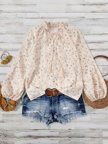 EARO Autumn New Women's Shirt, Floral Print V-Neck Design, Casual Loose Long Sleeve Blouse - 藍杏色 - 查看 2