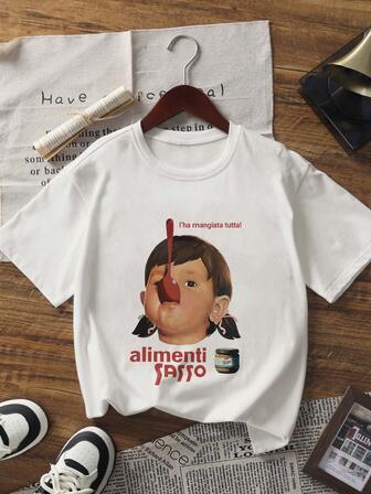 全新超大码女式柔软百搭休闲春夏时尚宽松圆领透气可爱女孩印花 T 恤