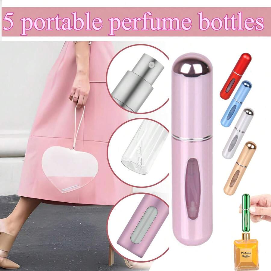 5pcs Of 5 - Ml Aluminum - Bottomed,  Bottom - Filling Spray Bottles: Perfect For Separating Perfumes On - The - Go! Portable Cosmetic Bottles You Need!