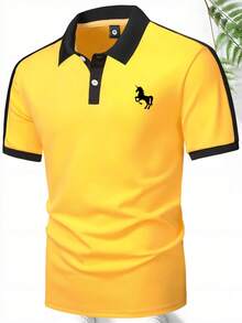 夏季新款男士撞色Polo衫，休闲运动Polo衫，饰有Polo运动员图案，高端商务翻领衬衫 - 黃色 - 查看 4