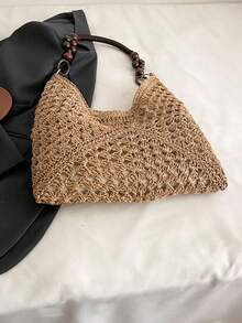 Large Capacity Portable Women's Woven Straw Shoulder Bag Medium Handbag With Handle For Beach Vacation , Summer - Light Khaki - View 6