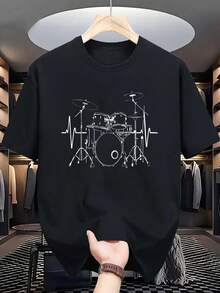 [Camiseta gráfica para bateristas] Camiseta negra con gráfico de latido de corazón de batería |   Camiseta de Manga Corta Unisex para Amantes de la Música y Bajistas - Negro - Ver 2