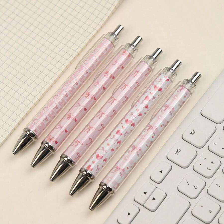 5pcs Pink Theme Retractable Ballpoint Pens - Adorable Cartoon Design With Bow Pattern, Colorful Appreciation Gift, Suitable For Office, School, Gift, Back To School Season