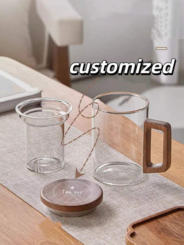 1pc 400ml Customized Wooden Handle Glass Tea Cup With Lid, Customizable Logo/Pattern, Heat-Resistant High Borosilicate Glass, Great Gift For Father/Mother/Husband/Colleague, Suitable For Birthday/Father's Day/Custom Gift