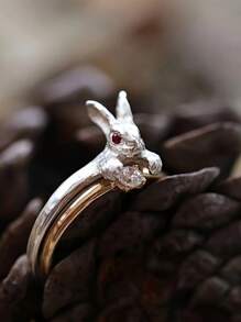 2pcs/Set Silver Rabbit Ring + Gold Rhinestone Ring Set, Cute Red-Eyed Rabbit Adjustable Rings, Jewelry Gift For Women