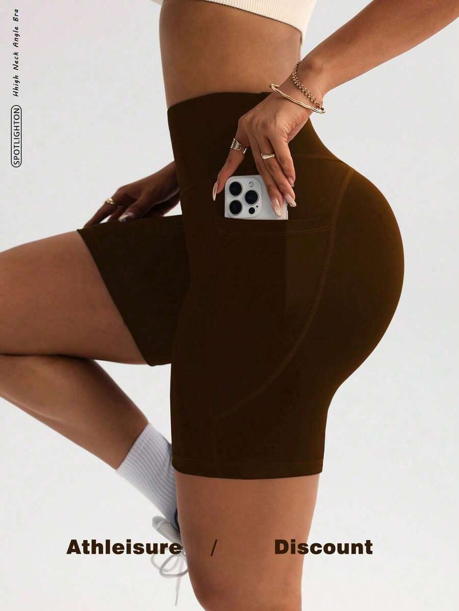FWH Quần short thể thao nữ co giãn thời trang, thanh lịch, thoải mái - Phong cách xuân hè, đa năng, cổ điển tối giản, ôm sát, cạp cao, thoải mái, chạy bộ, đường phố, dễ phối đồ (Có túi/Quần short yoga màu đào gợi cảm) - màu nâu - Xem 1