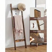 Worth Having, New 5-Tier  Ladder Shelf For Living Room, Decorative Quilt Rack With 4 Removable Hooks,Farmhouse Ladder Holder Organizer For Bedroom, Rustic Brown